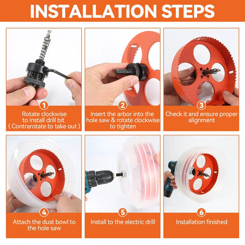 Installation steps for 6-1/8 Inch Bi-Metal Hole Saw Kit For Recessed LED Lights With Dust Bowl Catcher, Arbor, Drill Bit, Hex Key