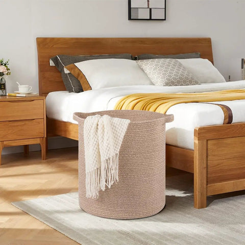 Dope Rope Laundry Basket With Handles For Living Room Storage, Modern Woven Bin For Toys, Throws, Pillows, and Towels, in bedroom