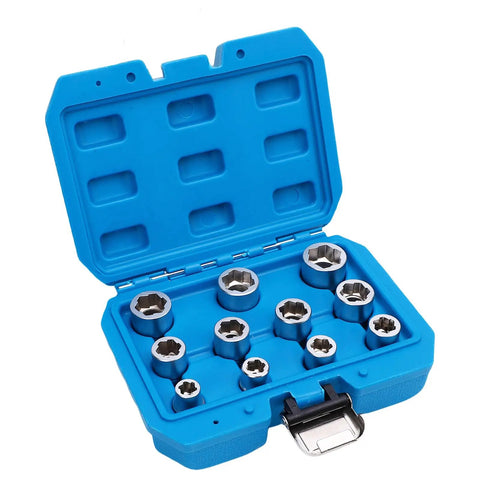 Eleven Piece Three Eighths Inch Drive Impact Extraction Socket Set For Damaged Rusted Rounded Bolts Nuts And Screws With Storage Case