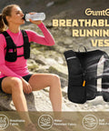 Woman wearing Hydration Running Vest For Women And Men, Adjustable Lightweight Nylon Pack With Phone Holder, Reflective Strips