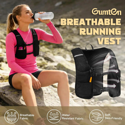 Woman wearing Hydration Running Vest For Women And Men, Adjustable Lightweight Nylon Pack With Phone Holder, Reflective Strips