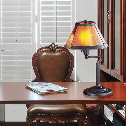 Rust Finish Table Lamp With Mica Glass Shade, Vintage Swing Arm Desk Light, on office table, classic wooden chair in background