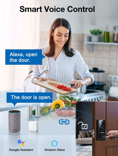 Woman using Alexa to unlock Smart Door Lock With Handle 6 Way Unlocking Fingerprint App Passcode Keyless Entry IC Card And Alexa Voice Control