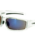 Hypershock Safety Glasses With Clear Frame And Blue Mirror Lens, Anti Fog And Anti Scratch Hardcoat, angled view