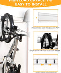 White Slatwall Garage Storage System With Wall Mount Panels, 96 Inch Total, Includes Adjustable Metal Hooks holding bicycle