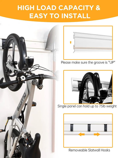 White Slatwall Garage Storage System With Wall Mount Panels, 96 Inch Total, Includes Adjustable Metal Hooks holding bicycle