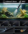 Pro-Grade Dual-Lens Endoscope With Light, 16.4ft Borescope Kit shown inspecting an aquarium, highlighting IP67 waterproof feature