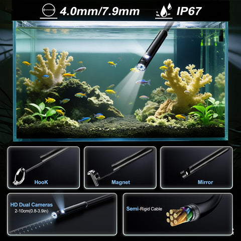 Pro-Grade Dual-Lens Endoscope With Light, 16.4ft Borescope Kit shown inspecting an aquarium, highlighting IP67 waterproof feature