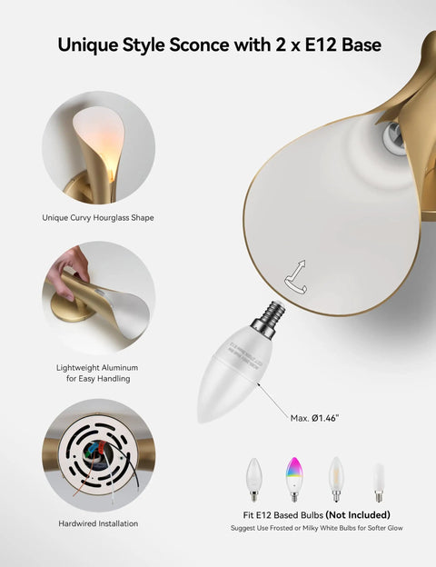 Gold Movie Theater Style Wall Sconce With Up And Down Lighting Dimmable Indoor Mid Century Modern Wall Light details and E12 bulb