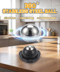 360 degree stainless steel ball above black base showcasing smooth rolling for Heavy Duty Black Stainless Steel Caster Wheels Four Pack With Nifty Self Adhesive Backing And Hella Smooth 360 Swivel Balls For Easy Furniture Appliance And Mop Bucket Mobility On Low Profile Glides That Roll Great Loads Without A Hassle.