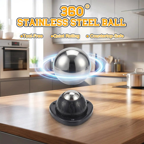 360 degree stainless steel ball above black base showcasing smooth rolling for Heavy Duty Black Stainless Steel Caster Wheels Four Pack With Nifty Self Adhesive Backing And Hella Smooth 360 Swivel Balls For Easy Furniture Appliance And Mop Bucket Mobility On Low Profile Glides That Roll Great Loads Without A Hassle.