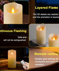 Rechargeable Flameless Candles 3 Pack With Extra Bright Ivory LED Pillars showing layered flame effect and remote control options.