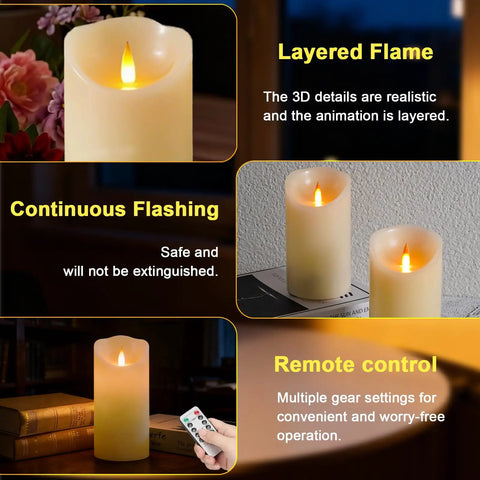 Rechargeable Flameless Candles 3 Pack With Extra Bright Ivory LED Pillars showing layered flame effect and remote control options.