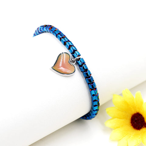 His And Hers Dope Mood Heart Hematite Bracelets Set with color-changing heart charm on white background