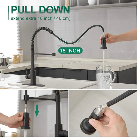 Top Shelf Hella Tough Black Spring Kitchen Faucet Pull Down Sprayer demonstrating 18 inch extension for easy use.