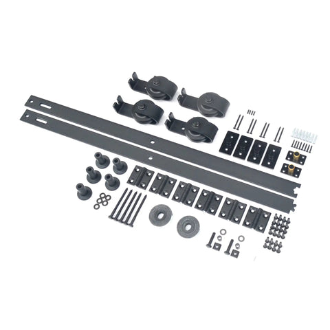 Space Saver Bi-Folding Barn Door Hardware Kit In Black Finish For Four Interior Doors, 75-1/2 Inch Rail With Top Mount Rollers