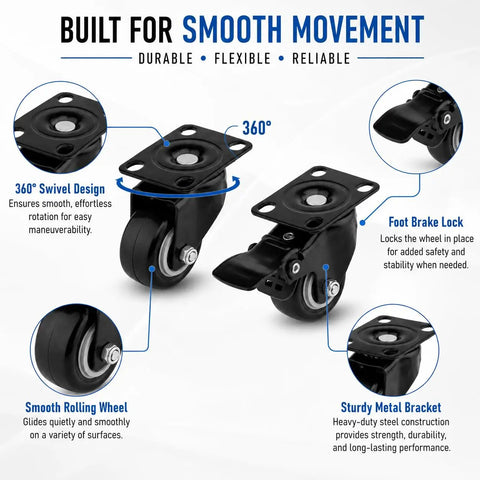 Four Piece Black Swivel Caster Wheel Set Rolls Slick And Tackles Heavy Gear With Zero Sweat Featuring Plate Mount Brackets And Two Foot Brake Locks Paired With Two Free Spinning Units For Any Shop Project