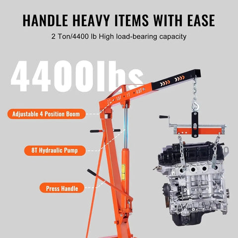 Heavy Duty Folding Shop Crane With Chain Ratchet Lever And Six Swivel Casters For Precision Engine Lifting Up To 1500 Lbs Capacity, 4400 lb capacity hoist.