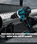 Heavy Duty Cordless Drill With Dual Speed Modes And 20 Plus 3 Torsion Settings providing smooth operation drilling into metal.
