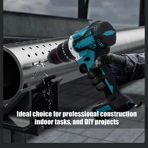 Heavy Duty Cordless Drill With Dual Speed Modes And 20 Plus 3 Torsion Settings providing smooth operation drilling into metal.
