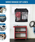 Two Pack Large Mesh Slatwall Baskets With Zipper for Mounted Storage Display in garage setting. Size 16x12x16 inches.