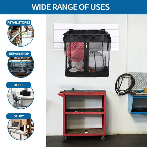 Two Pack Large Mesh Slatwall Baskets With Zipper for Mounted Storage Display in garage setting. Size 16x12x16 inches.