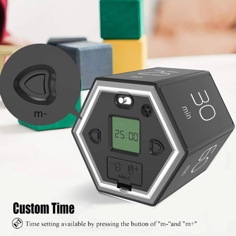 Hexagon Flip Timer with 25-minute LCD display, showing control buttons for kitchen and home. Focus keyword: Flip Timer For Kitchen And Home With Quick Presets 1 5 10 25 30 60 Minutes Clear LCD Display Magnetic Stand And Suction Silent Alarm Modes Handy Gift For Study Office Gym And Cooking