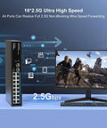 18 Port 2.5Gb Unmanaged Ethernet Switch With 16 2.5G Base T Ports And 2 10G SFP Plus Uplinks next to gaming PC setup in use