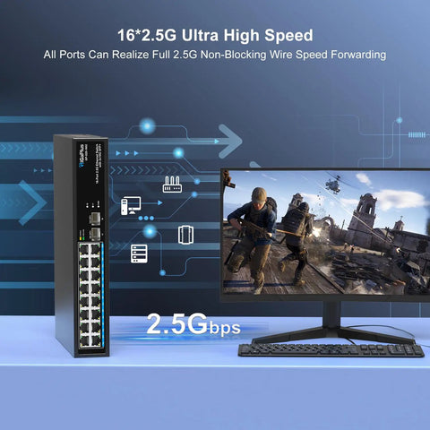 18 Port 2.5Gb Unmanaged Ethernet Switch With 16 2.5G Base T Ports And 2 10G SFP Plus Uplinks next to gaming PC setup in use