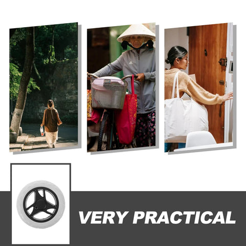 Montage of various scenes with a close-up of a 6.69 Inch Replacement Laundry Cart Wheel in black and white, labeled 'Very Practical'