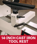 Heavy Workhorse 18X40 Electronic Variable Speed Woodworking Lathe 2HP 230V Reversible Turning Machine With Remote Emergency Stop And Improved Quill Lock Built Ready To Rock cast iron tool rest detail close-up.