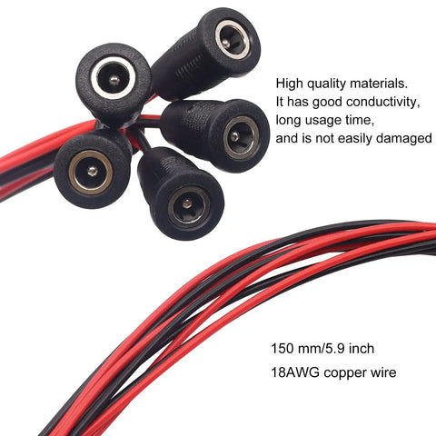 Five Pack DC Power Jack Socket 5.5 By 2.1MM 10A Threaded Female Mount Connector With 15CM 20AWG Pre Soldered Wires Waterproof Cover Cap K 078 Great For DIY Electronics RC Projects And Portable Power Setups