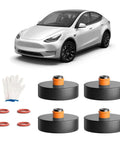 Tesla Model Y S X 3 Jack Pad Kit With Four Rubber Pads For Pinch Welds, gloves, and storage bag shown with white Tesla car model.