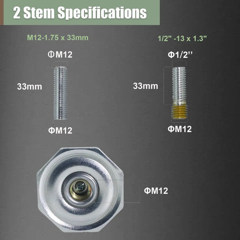 Heavy Duty Height Adjustable Casters With Ratchet Stem Leveling And Retractable Base For Workshop Gear showing two stem specifications.