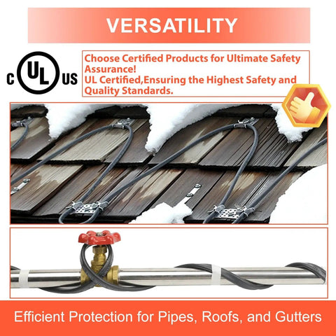 Industrial-Grade Self Regulating Heating Cable, 100 Feet, 120V, Wet Or Dry Use, Heavy-Duty Workhorse Build, shown on roof and pipe.