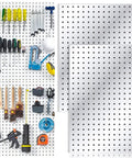 Double Pack Metal Pegboard Panels for Walls, Modular Pegboard Wall Organizer System, tools organized on white panels
