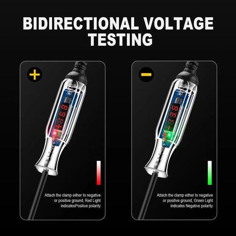Upgraded 3 To 72 Volt LED Digital Automotive Circuit Tester showing red and green polarity lights