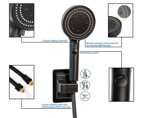 High Pressure Handheld Shower Head With 5 Settings, 78 Inch Leakproof Stainless Steel Hose, Matte Black Finish, On Off Pause Switch