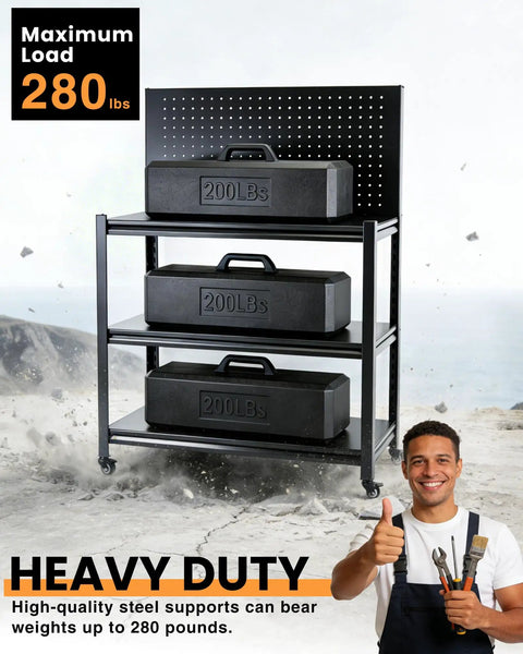 52 Inch Rolling Work Table That Moves With You, Adjustable Height And Lockable Wheels, Pegboard Surface Displaying Load Capacity