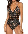 One Piece Swimsuit For Women Retro Dog Paw Bone Print High Waist Wrap Design Yacht Ready Beachwear Slimming Silhouette