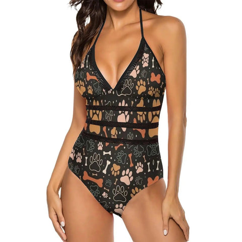 One Piece Swimsuit For Women Retro Dog Paw Bone Print High Waist Wrap Design Yacht Ready Beachwear Slimming Silhouette