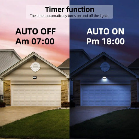 Outdoor LED Flood Light 80W 8000 Lumens Color Changing Smart Floodlight RGBW 2700K Warm White showing auto on-off timer function