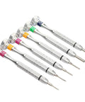 Deluxe 14 Piece Eyeglass Repair Kit With Stainless Steel Tools, 6 precision screwdrivers lined up with colored rings