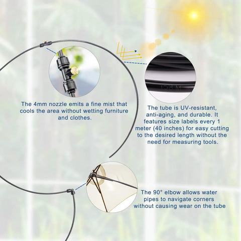 Outdoor Misting System For Patio And Yard With 59 Ft Line, Filter, 23 Brass Nozzles, 90° elbow, UV-resistant black PU tubing.