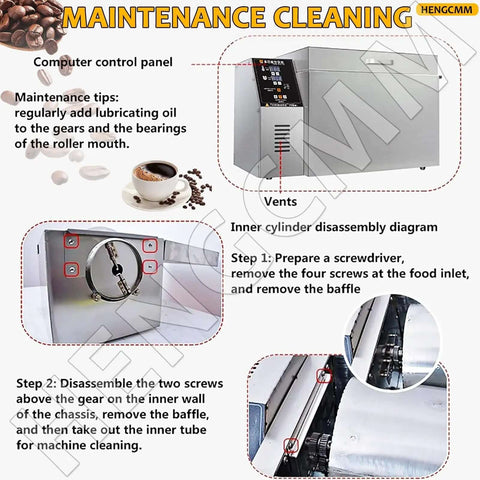 Electric Drum Coffee Roaster maintenance instructions with control panel and inner cylinder diagram for home and small business