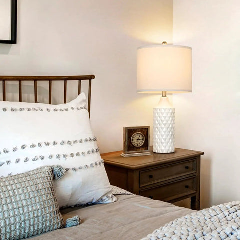 Set Of 2 Dope Ceramic Table Lamps With White Linen Shade 3 Way Dimmable Bedside Lamps For Bedroom Living Room Office Farmhouse Style Nightstand Or End Table Lighting Bulbs Included displayed on a nightstand in a cozy bedroom setting.