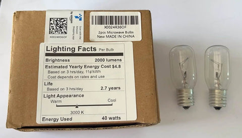 Two Pack 40W Microwave Light Bulbs WB36X10003 130V E17 Base Warm White Replacement with packaging and bulbs visible