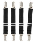 Adjustable Bed Sheet Fasteners 4 Pack With Elastic Straps And Clips, heavy-duty gripper suspenders in black with chrome clips.