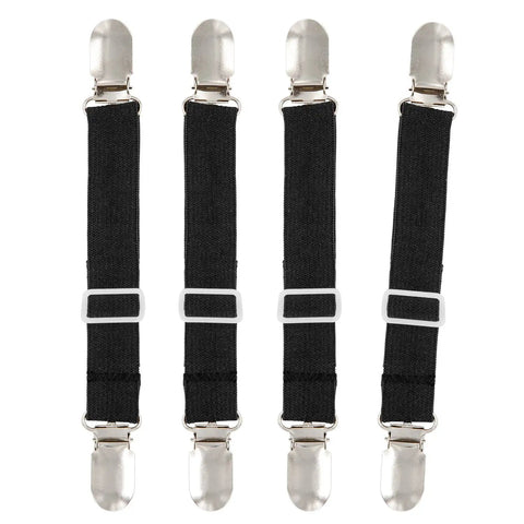 Adjustable Bed Sheet Fasteners 4 Pack With Elastic Straps And Clips, heavy-duty gripper suspenders in black with chrome clips.