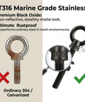 Comparison of T316 Marine Grade Stainless with black oxide finish vs ordinary 304 galvanized eye bolt.